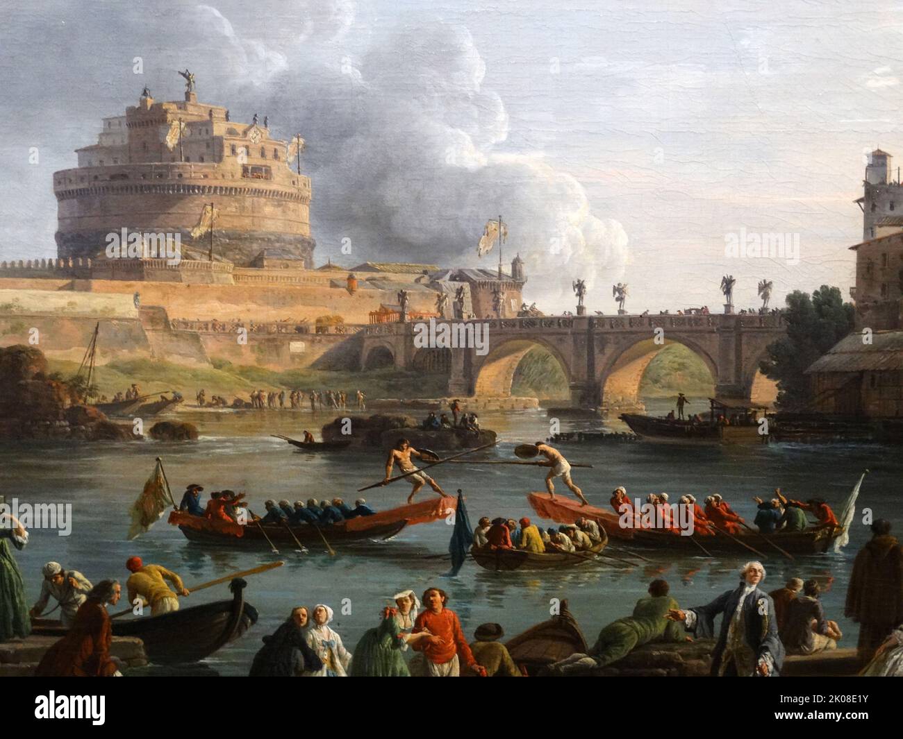 A sporting contest on the Tiber at Rome. Painted in 1750 by Claude-Joseph Vernet (1714 - 1789), was the leading French landscape painter of the later 18th century. He achieved great celebrity with his topographical paintings and serene landscapes Stock Photo