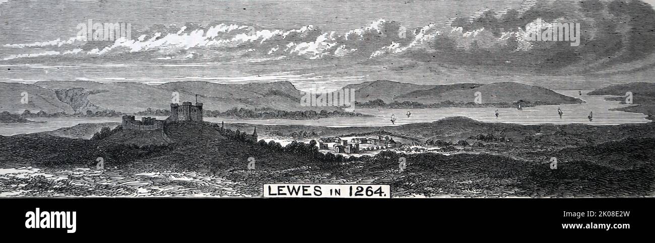 Lewes in 1264. Lewes is the county town of East Sussex, England. Black and white drawing Stock Photo
