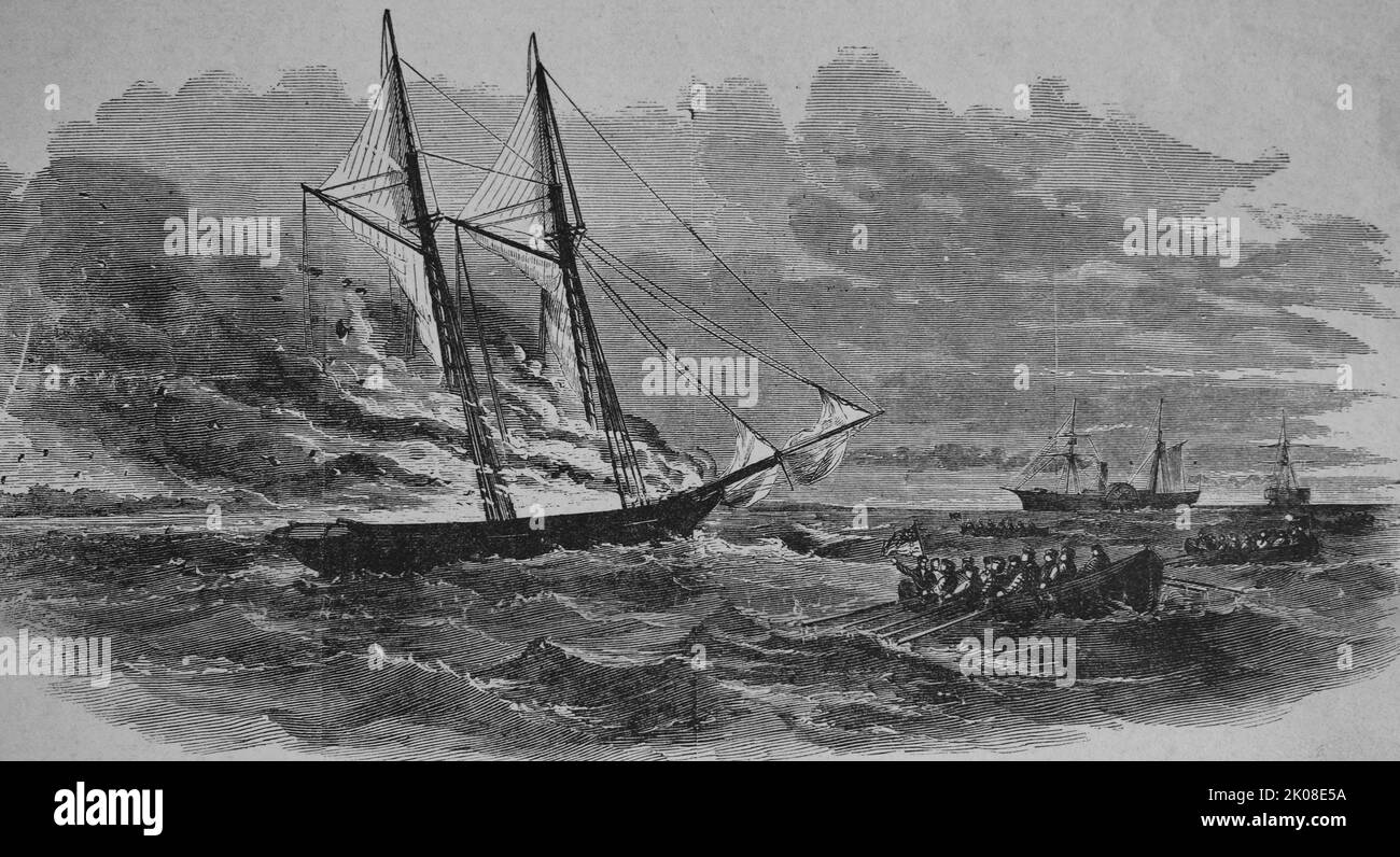 Evacuation of a Schooner off Cumberland Inlet, Georgia, by the boats of the Alabama during the American Civil War, 1862 Stock Photo