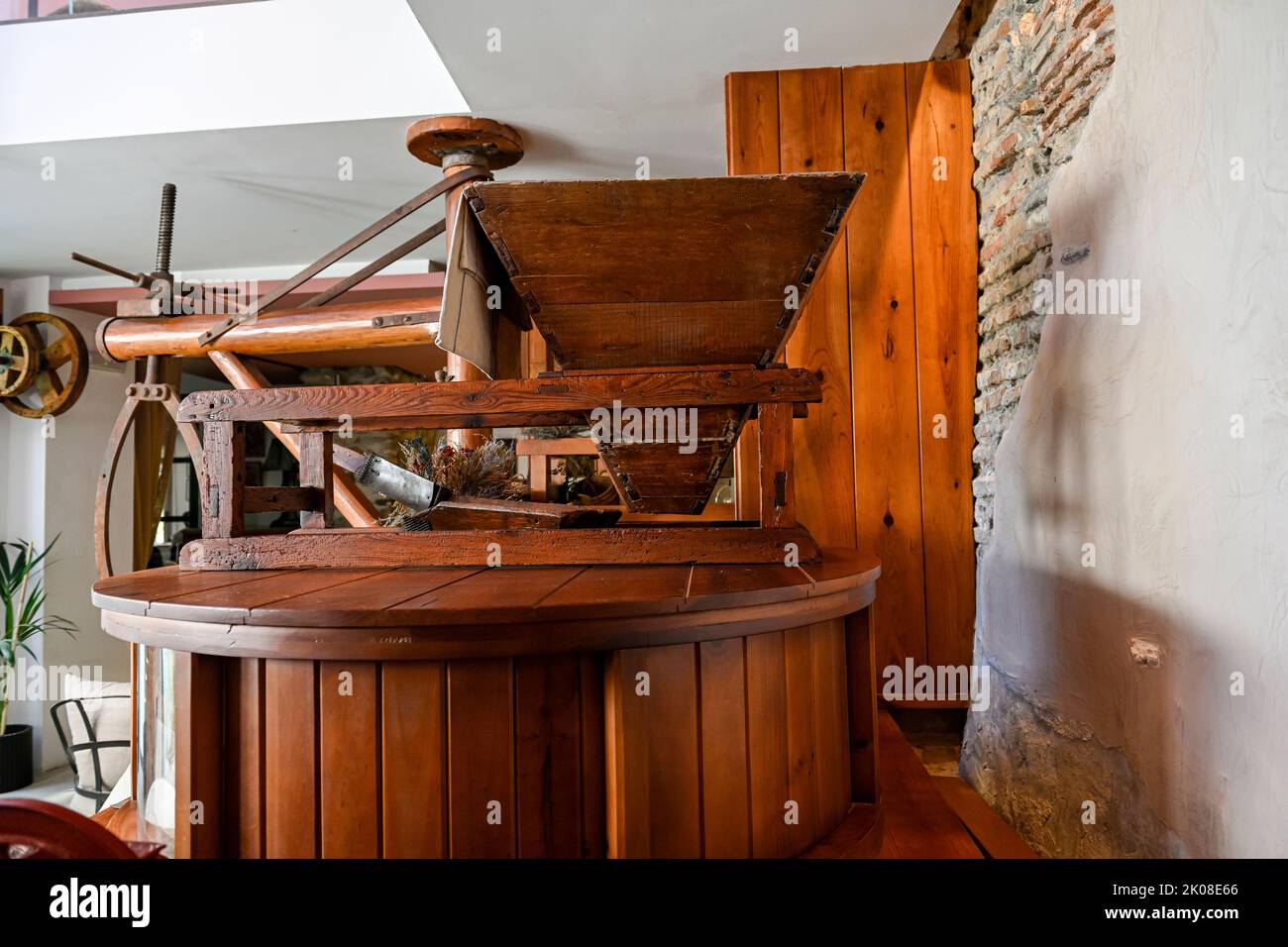 Interior of a restored hydraulic flour mill. Stock Photo