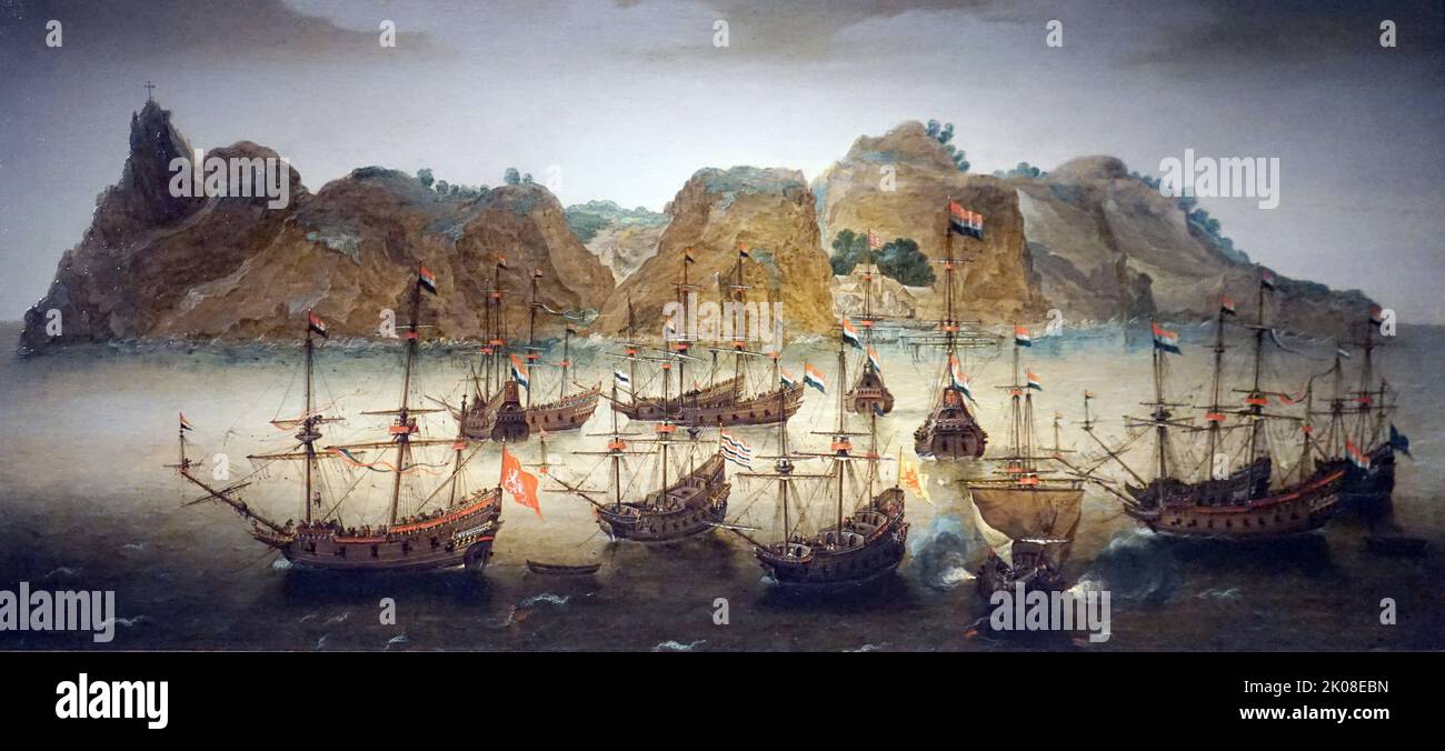 Return fleet of 13 East Indiamen ships on the Saint Helena roadstead, c1610 by Cornelis Verbeeck (1585/1591 - after 1637), also known as Cornelis Verbeecq, was a Dutch Golden Age painter from Haarlem Stock Photo