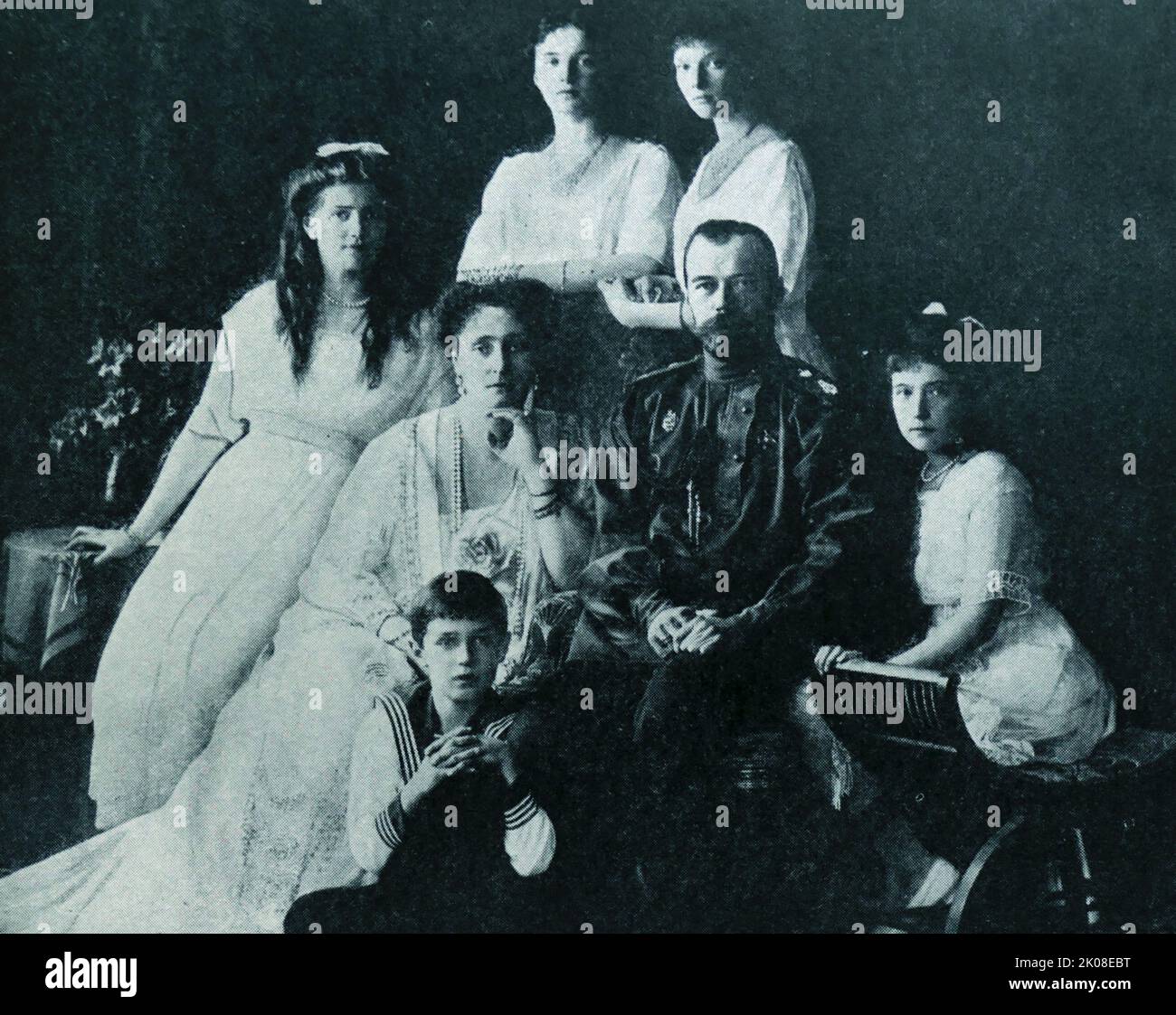 Russian Imperial Family. The House of Romanov was the reigning imperial house of Russia from 1613 to 1917. They achieved prominence after the Tsarina, Anastasia Romanova, was married to the First Tsar of Russia, Ivan the Terrible. Black and white photograph Stock Photo