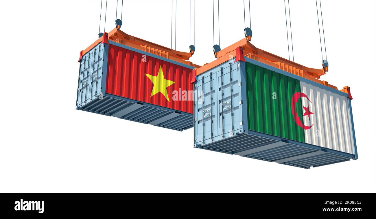 Cargo containers with Vietnam and Algeria national flags. 3D Rendering Stock Photo