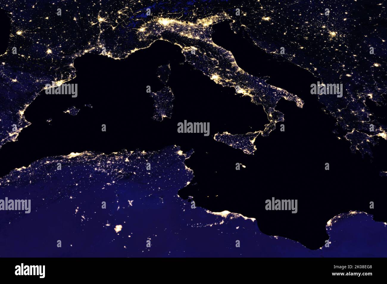 Nightime view of the earth from Space, showing Africa and Europe. 2016 NASA Earth Observatory images by Joshua Stevens, using Suomi NPP VIIRS data from Miguel Roman, NASA GSFC. Stock Photo