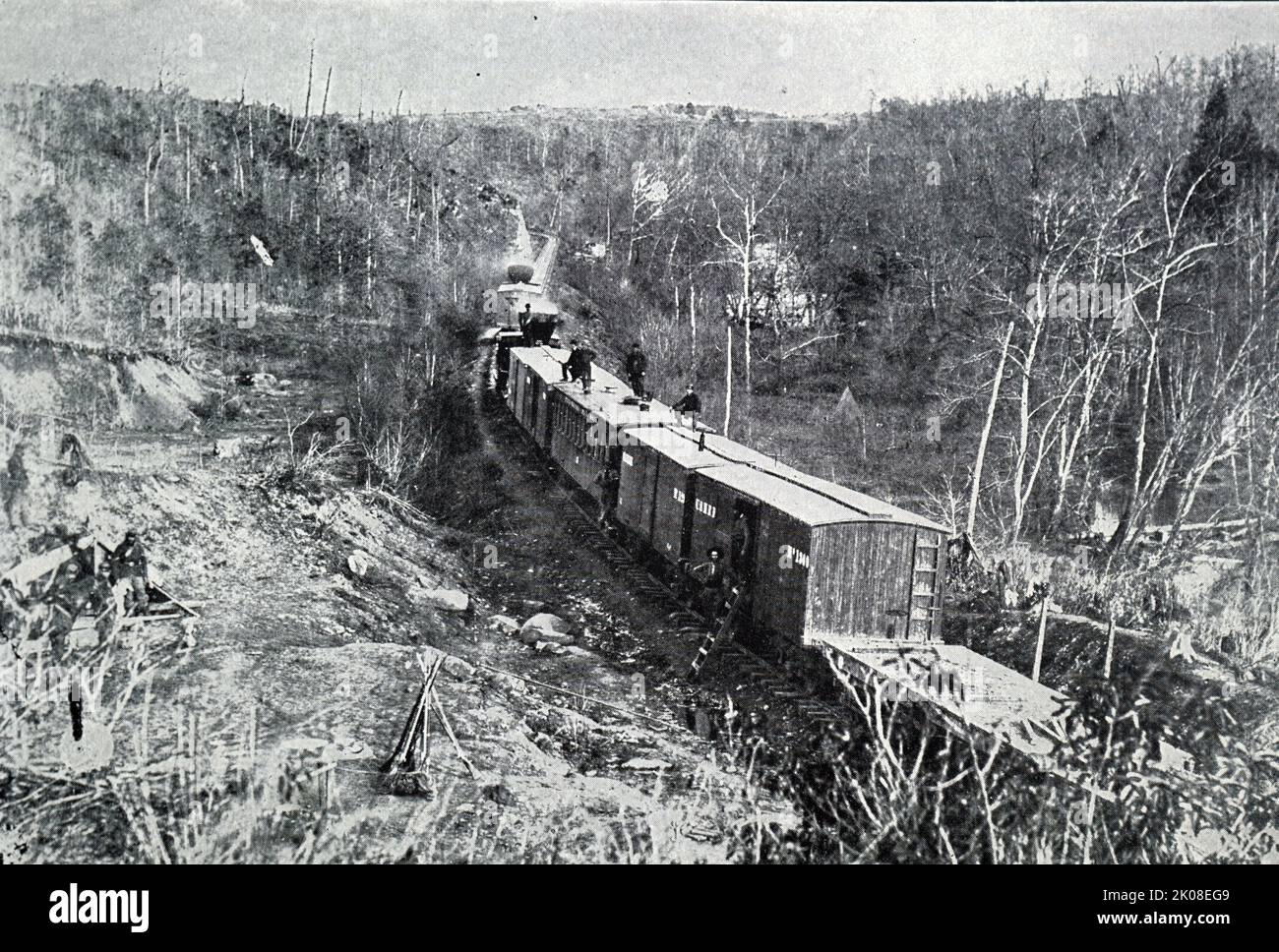 The Orange and Alexandria Railroad (O&A) was a railroad in Virginia, United States. Chartered in 1848, it eventually extended from Alexandria to Gordonsville, with another section from Charlottesville to Lynchburg. The road played a crucial role in the American Civil War. Black and white photograph Stock Photo