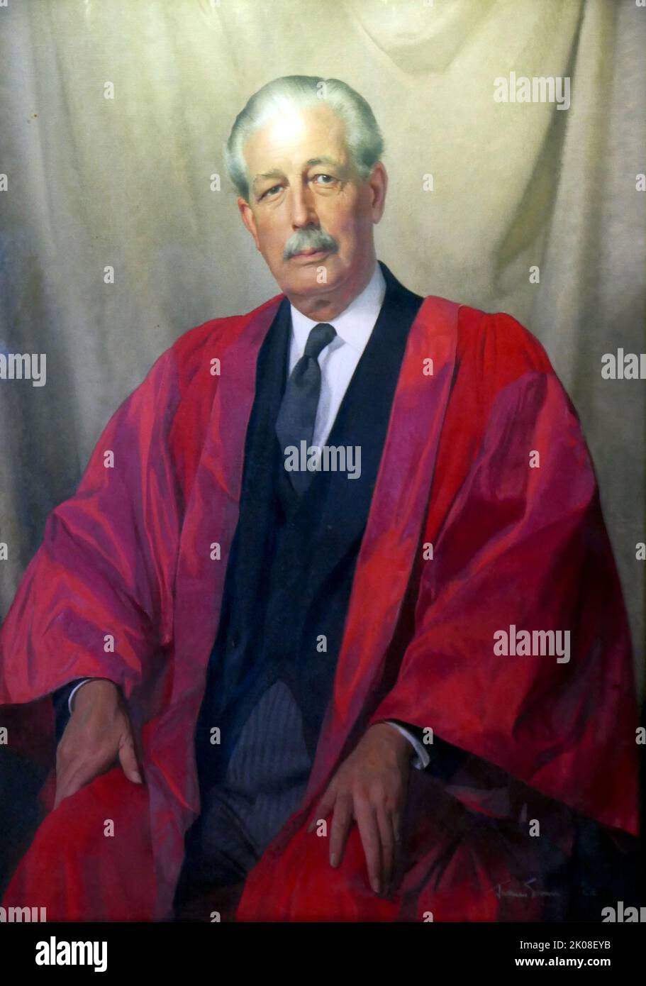Maurice Harold Macmillan, 1st Earl of Stockton, OM, PC, FRS (10 February 1894 - 29 December 1986) was a British Conservative statesman and politician who was Prime Minister of the United Kingdom from 1957 to 1963. Caricatured as 'Supermac', he was known for his pragmatism, wit and unflappability. Oil painting of Macmillan as Chancellor in 1960 at the University of Oxford Stock Photo