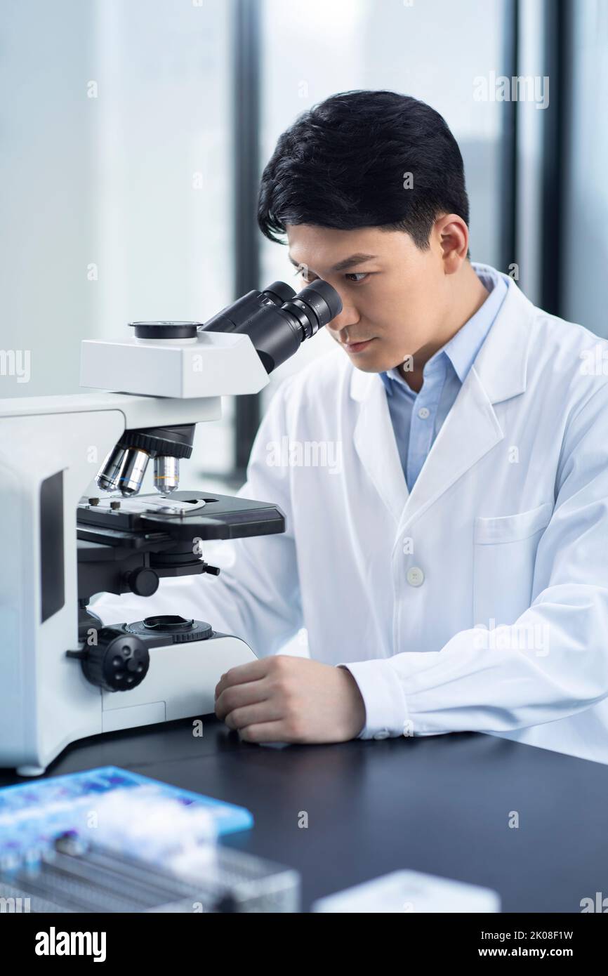 Chinese scientist looking through a microscope Stock Photo Alamy