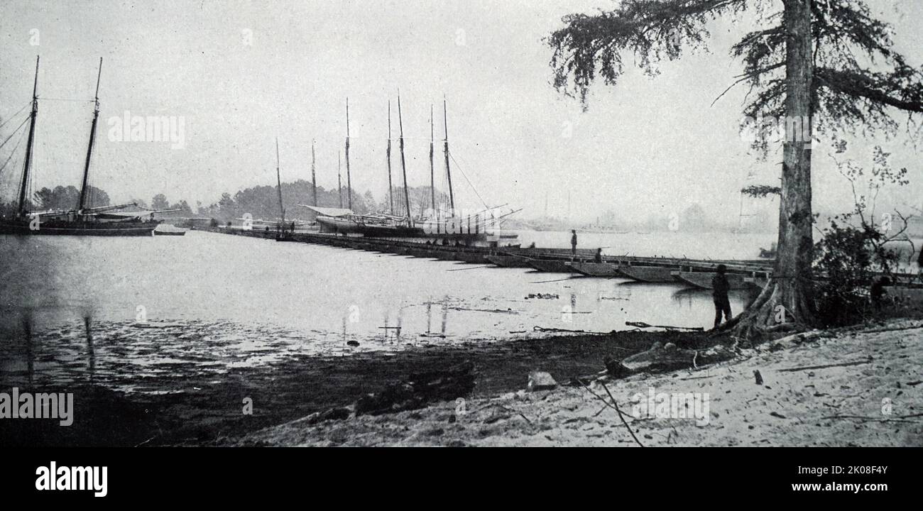 Scene on the James River during the American Civil War. The James River Squadron was formed shortly after the secession of Virginia during the American Civil War. The squadron was part of the Virginia Navy before being transferred to the Confederate States Navy Stock Photo