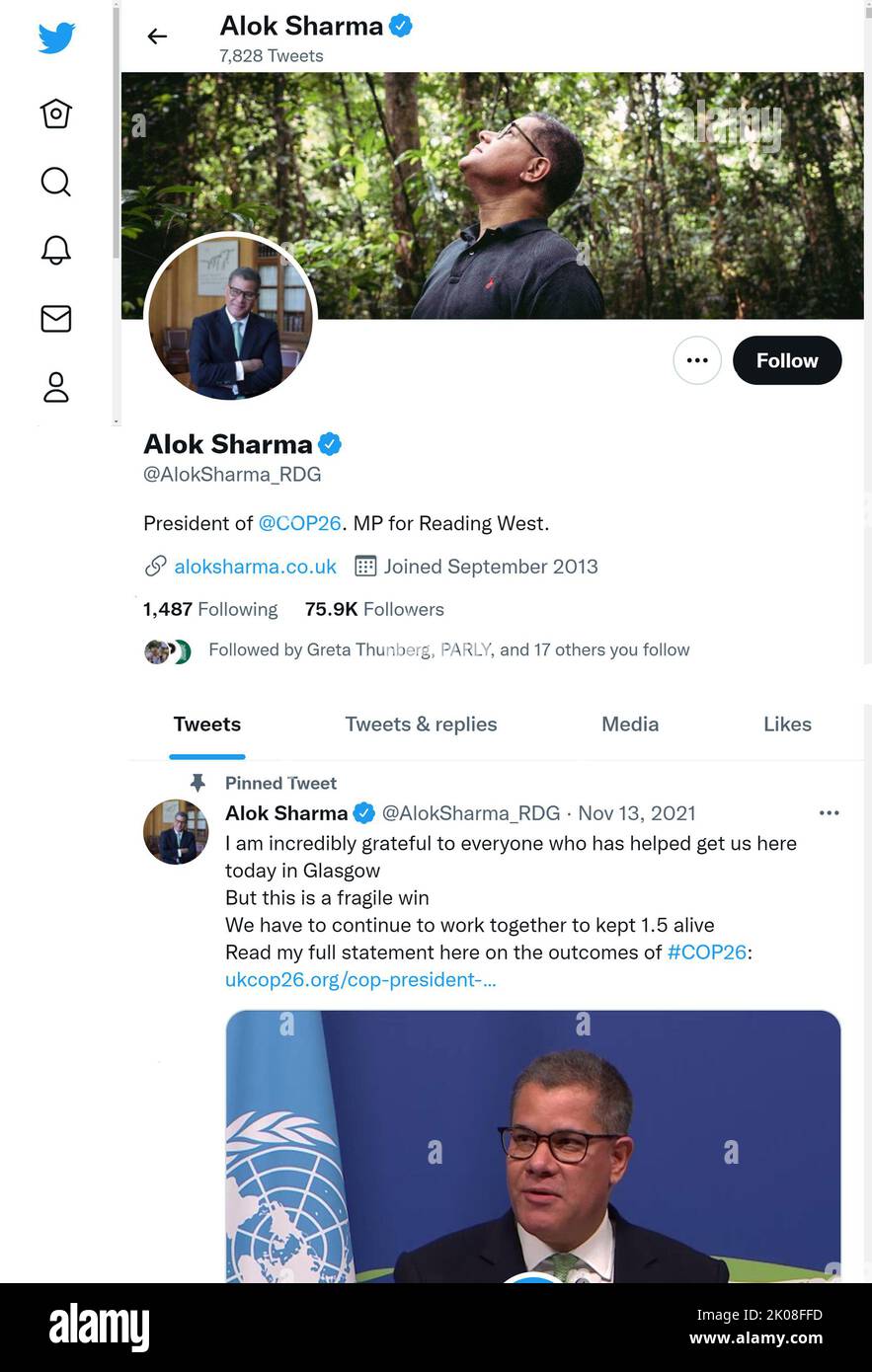 Twitter page (Sept 2022) of Alok Sharma MP - President of COP 26 - shortly after the death of Queen Elizabeth II Stock Photo