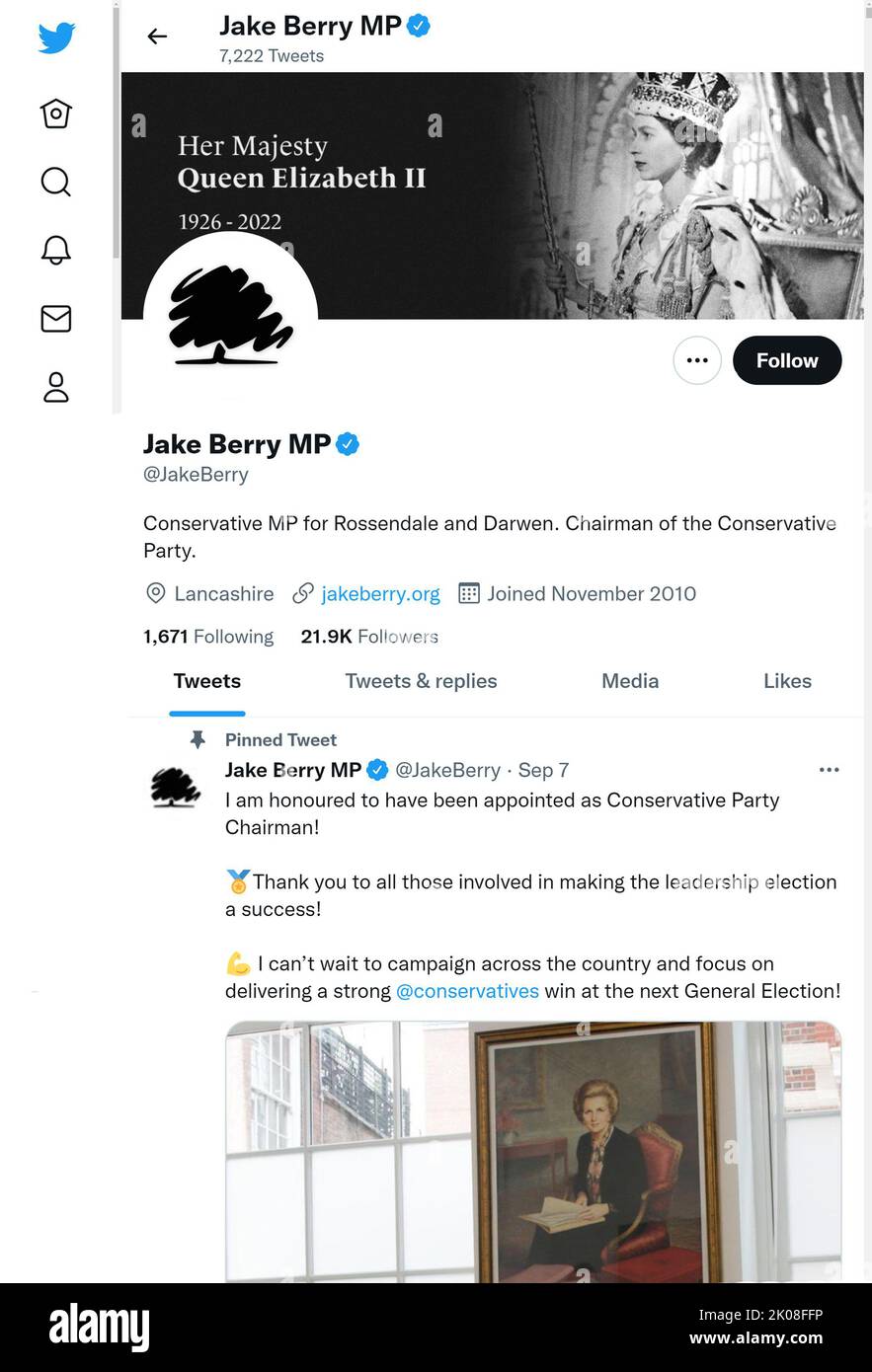 Twitter page (Sept 2022) of Jake Berry MP - Chairman of the Conservative Party - shortly after the death of Queen Elizabeth II Stock Photo