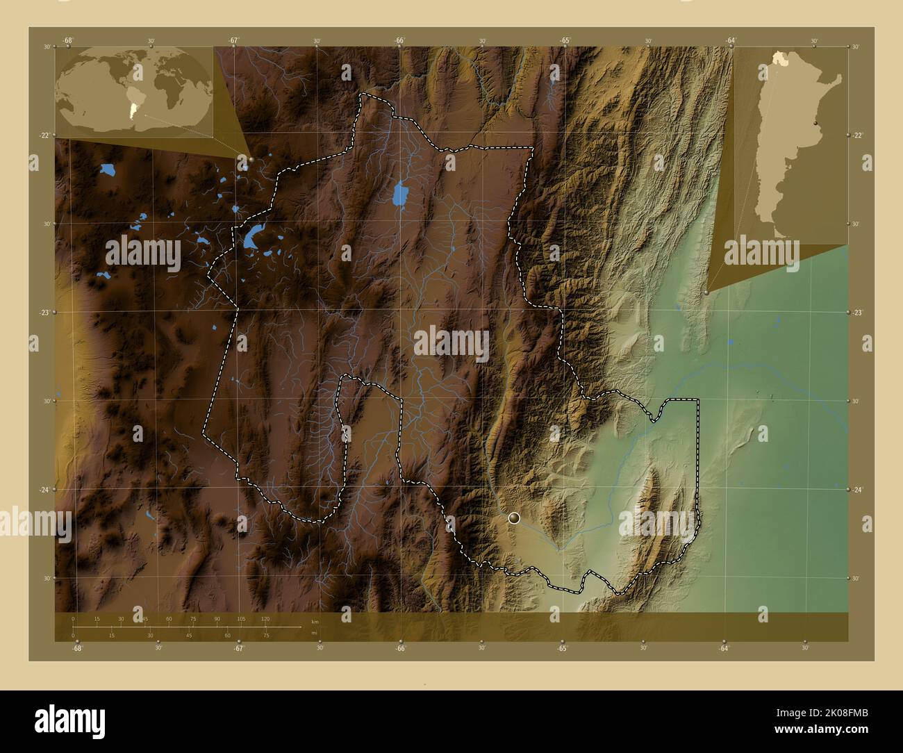 Jujuy, province of Argentina. Colored elevation map with lakes and ...