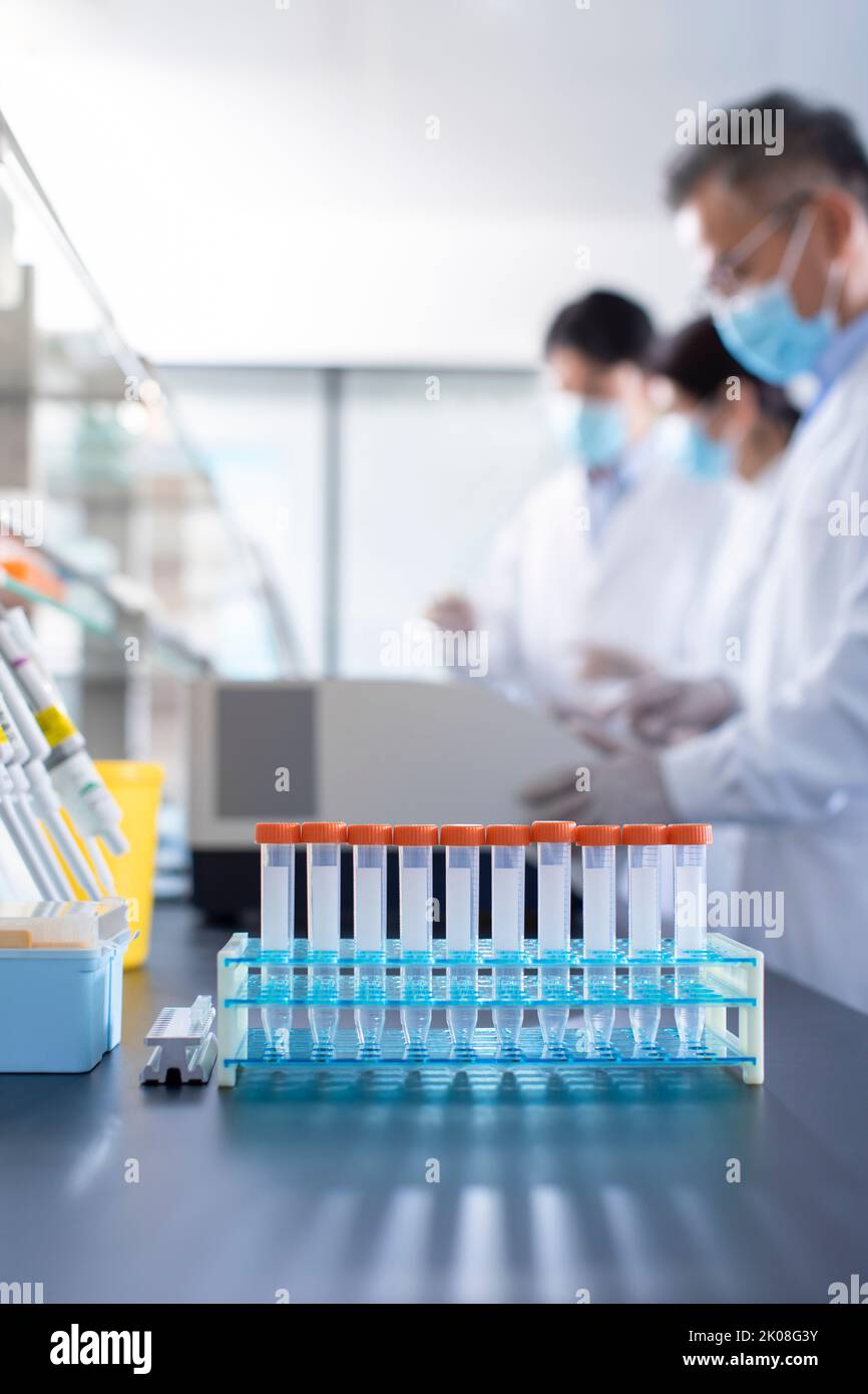 Close-up of test tubes on table Stock Photo