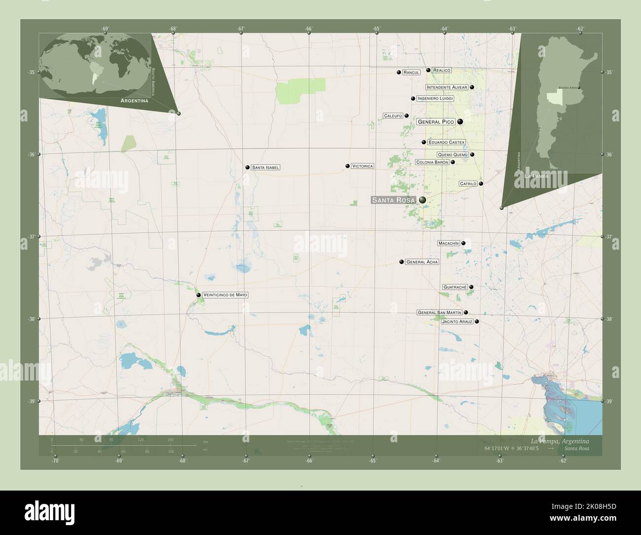 La Pampa, province of Argentina. Open Street Map. Locations and names