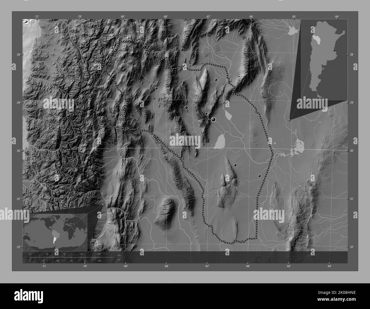 La Rioja, province of Argentina. Bilevel elevation map with lakes and ...