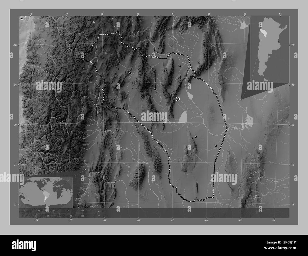 La Rioja, province of Argentina. Grayscale elevation map with lakes and ...