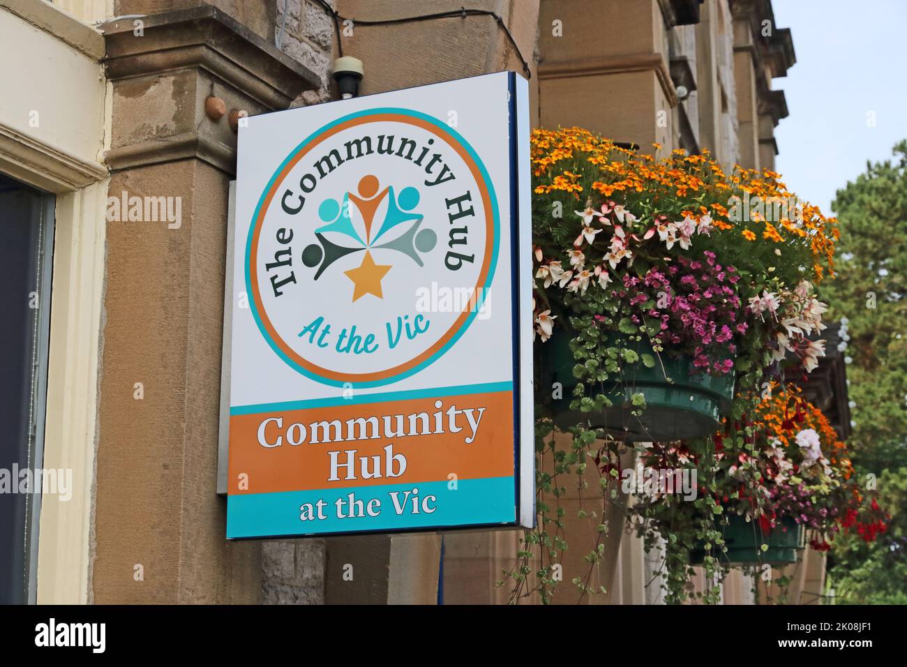 Sign for The Community Hub, at the Victoria Hall, Grange-over-Sands Stock Photo