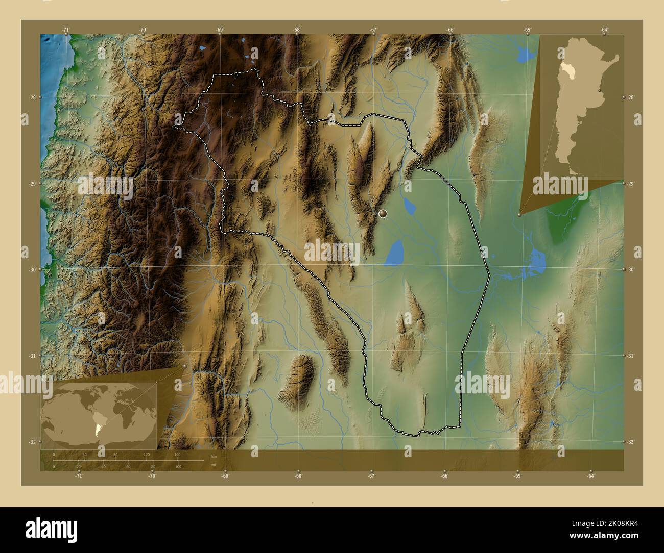 La Rioja, province of Argentina. Colored elevation map with lakes and ...