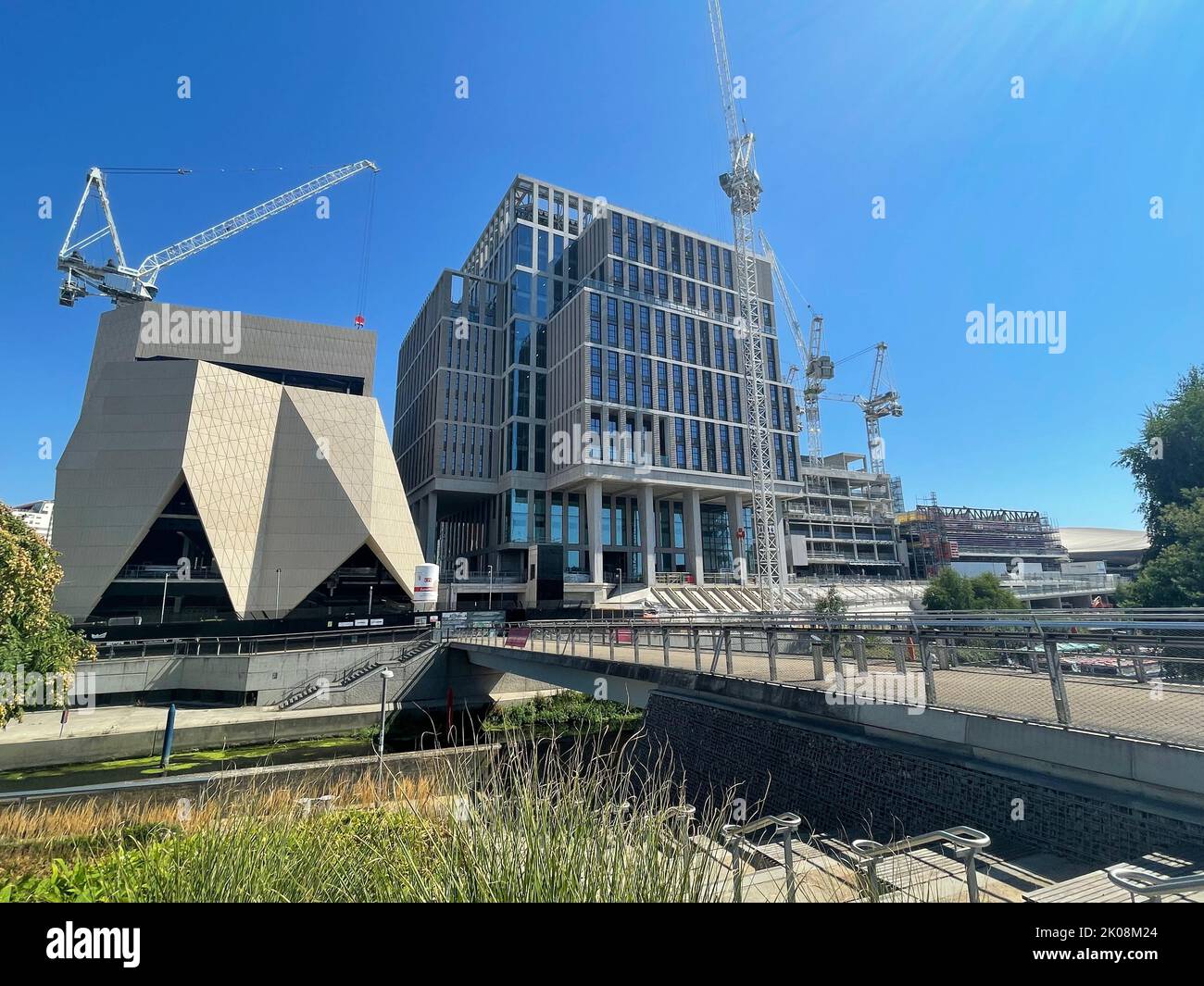 Construction of the East Bank-Queen Elizabeth Olympic Park, Stratford, London featuring the new V&A Museum, London College of Fashion & Sadlers Wells. Stock Photo