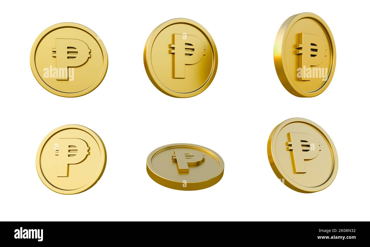 Set of gold coins with peso currency sign or symbol 3d illustration, minimal 3d render. Stock Photo