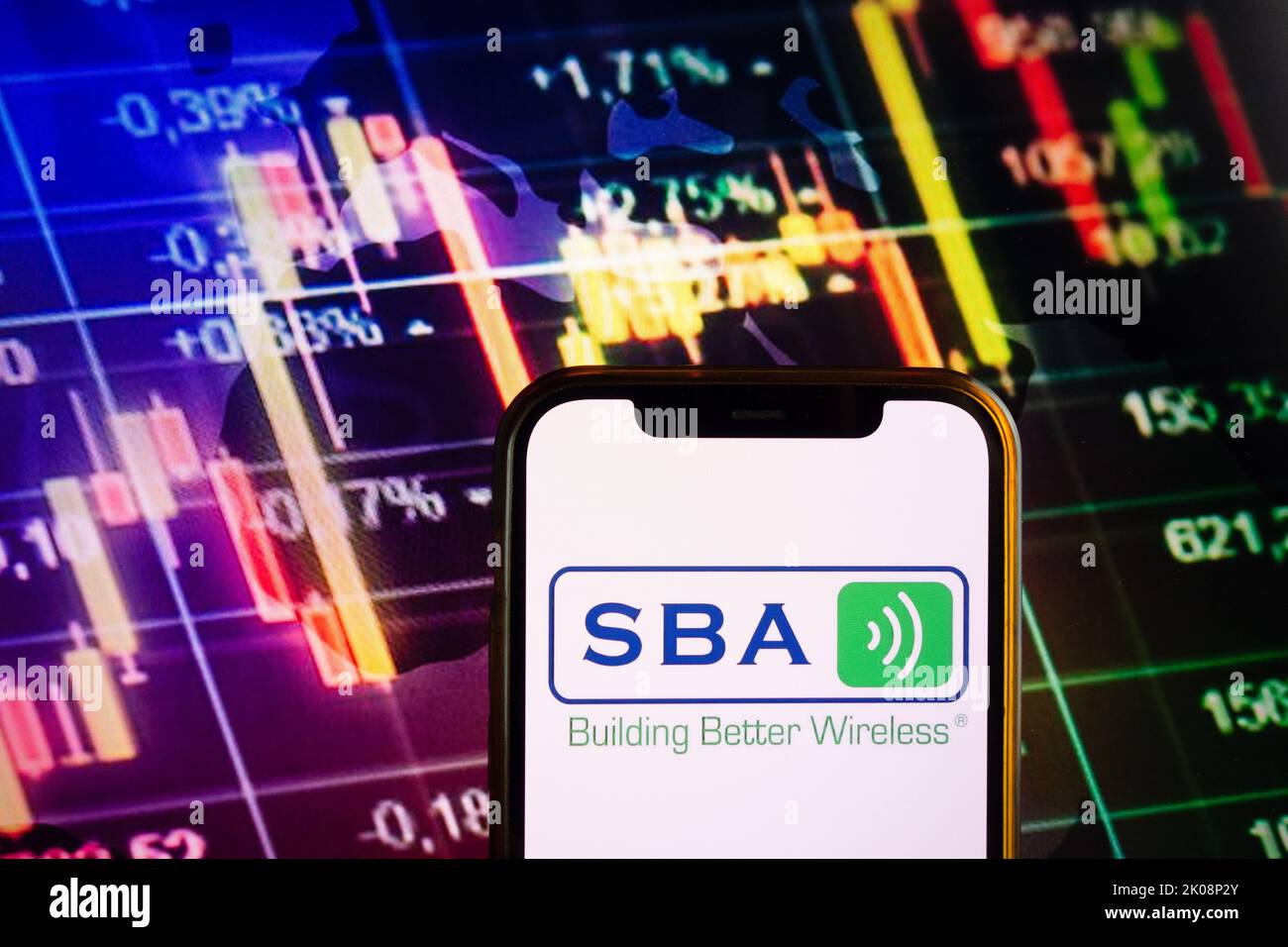 KONSKIE, POLAND - September 10, 2022: Smartphone displaying logo of SBA Communications company on stock exchange diagram background Stock Photo