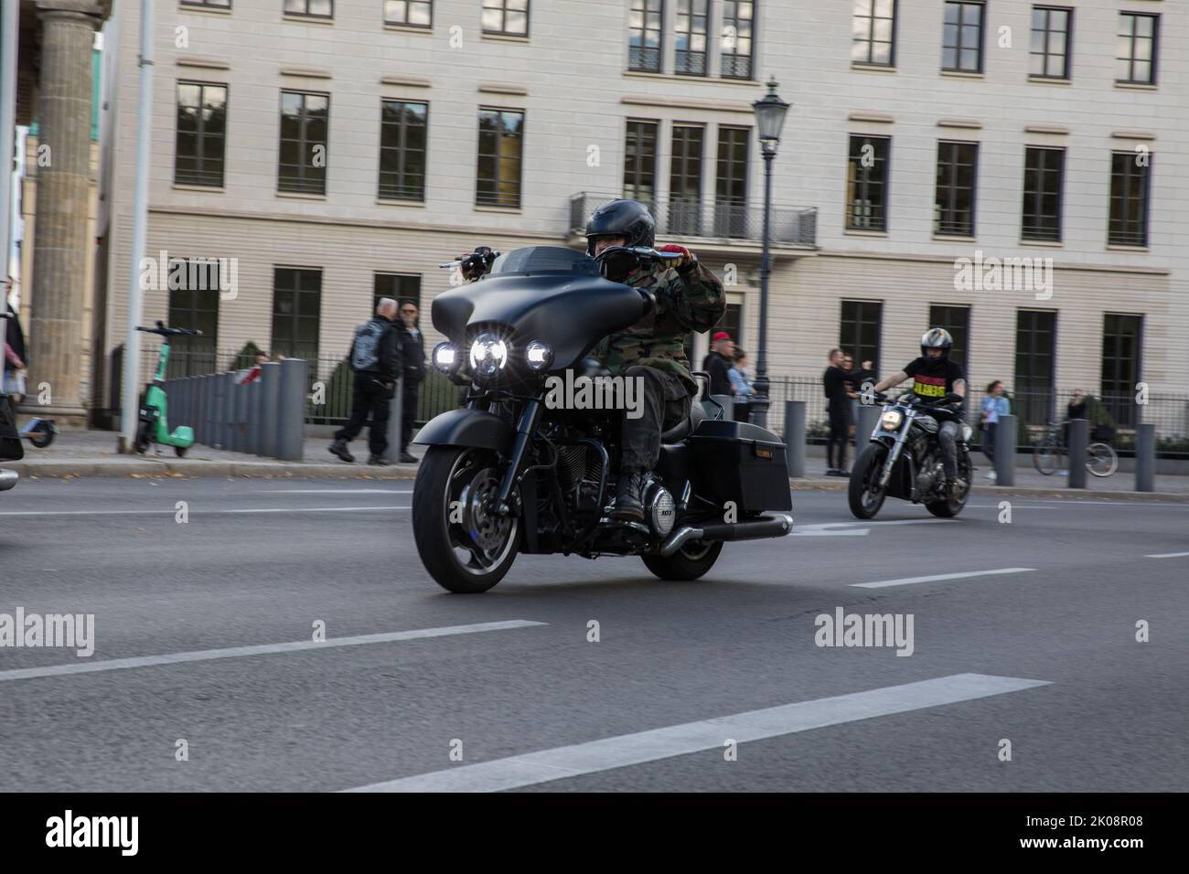 Berlin, Germany. 10th Sep, 2022. Members of Outlaw motorcycle clubs took to several streets in Berlin on September 10, 2022, to protest a ban on badges. Members of Hells Angels and other motorcycle clubs participated in the protest against this law. Under the law, which has been in effect since 2017, the Hells Angels are no longer allowed to display club insignia such as the winged skull in public. Many clubs tried to file a lawsuit against this decision in court. However, the Federal Constitutional Court rejected this at the time. Among others, the ban affects the Hells Angels MC and its Stock Photo