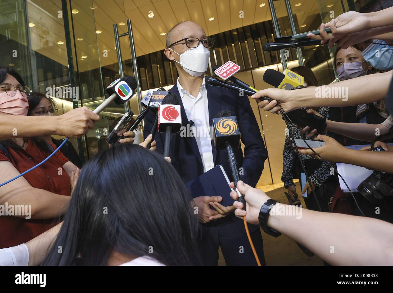 Tung Wah Group of Hospitals Wong Fut Nam College Principal Lee Ching-pong speaks to the press after his mediation meeting with student Nathan Lam Chak-chun, arranged by the Equal Opportunities Commission in Wong Chuk Hang. 08SEP22 SCMP / Jonathan Wong Stock Photo