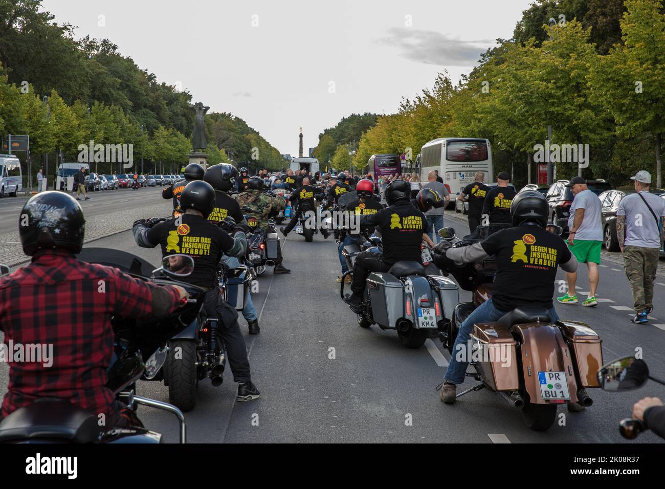 Berlin, Germany. 10th Sep, 2022. Members of Outlaw motorcycle clubs took to several streets in Berlin on September 10, 2022, to protest a ban on badges. Members of Hells Angels and other motorcycle clubs participated in the protest against this law. Under the law, which has been in effect since 2017, the Hells Angels are no longer allowed to display club insignia such as the winged skull in public. Many clubs tried to file a lawsuit against this decision in court. However, the Federal Constitutional Court rejected this at the time. Among others, the ban affects the Hells Angels MC and its Stock Photo