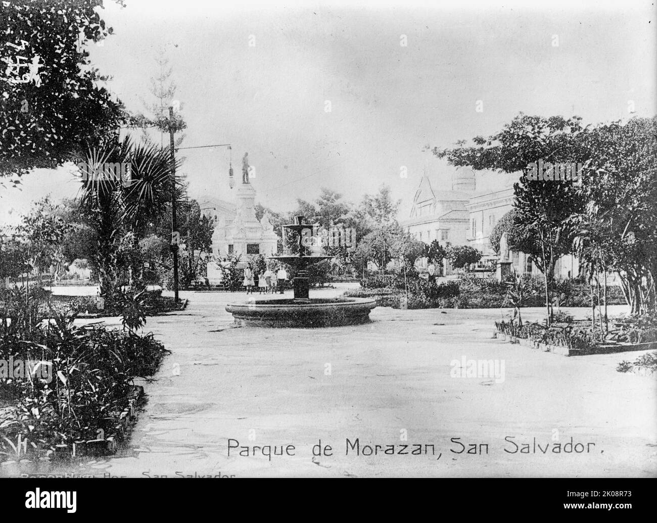 El Salvador- Park Scene In San Salvador, 1911. ['Parque de Morazan'. Monument to Francisco Moraz&#xe1;n in the distance - Moraz&#xe1;n was president of the Federal Republic of Central America]. Stock Photo