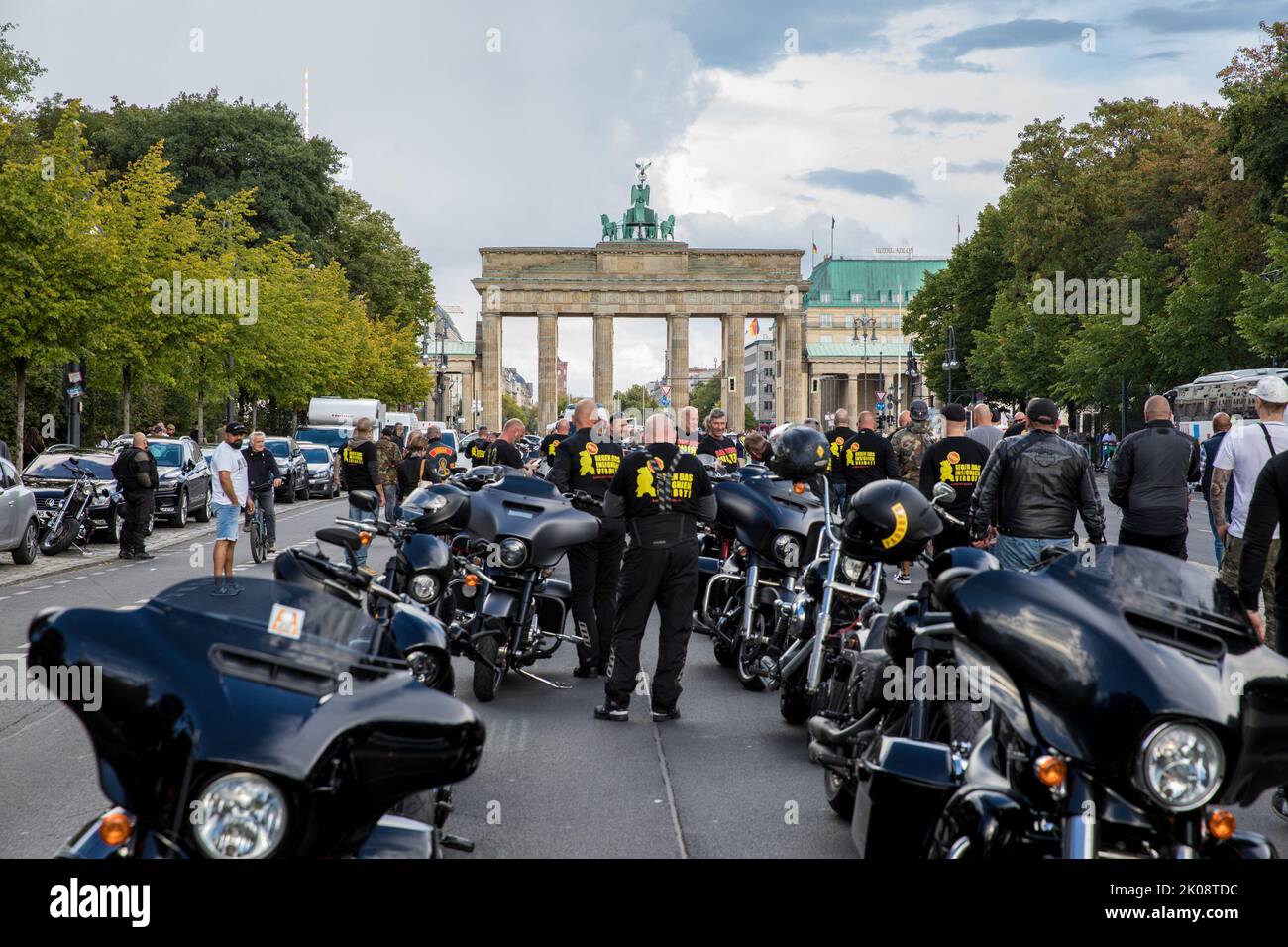 Berlin, Germany. 10th Sep, 2022. Members of Outlaw motorcycle clubs took to several streets in Berlin on September 10, 2022, to protest a ban on badges. Members of Hells Angels and other motorcycle clubs participated in the protest against this law. Under the law, which has been in effect since 2017, the Hells Angels are no longer allowed to display club insignia such as the winged skull in public. Many clubs tried to file a lawsuit against this decision in court. However, the Federal Constitutional Court rejected this at the time. Among others, the ban affects the Hells Angels MC and its Stock Photo