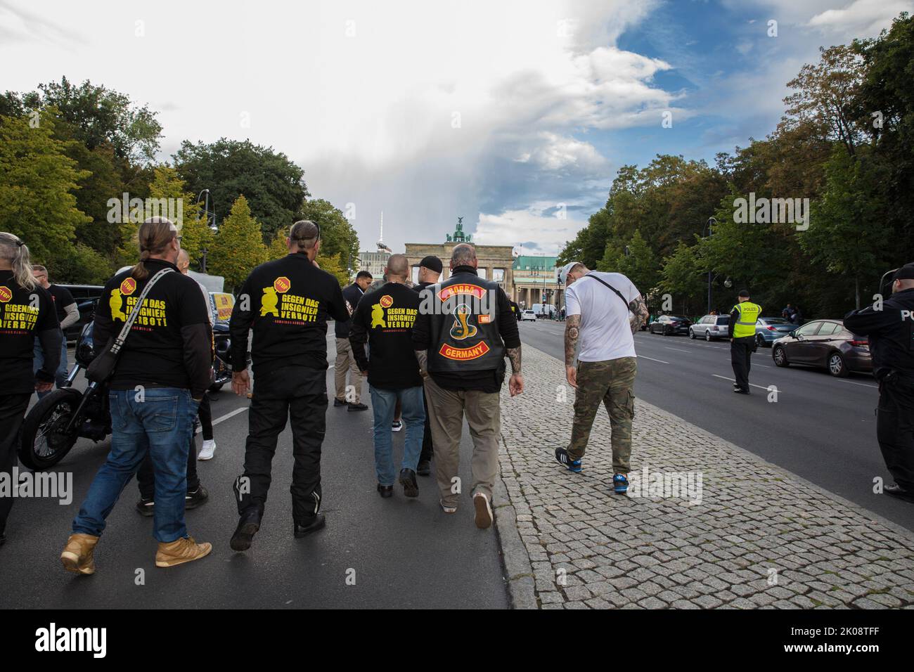 Berlin, Germany. 10th Sep, 2022. Members of Outlaw motorcycle clubs took to several streets in Berlin on September 10, 2022, to protest a ban on badges. Members of Hells Angels and other motorcycle clubs participated in the protest against this law. Under the law, which has been in effect since 2017, the Hells Angels are no longer allowed to display club insignia such as the winged skull in public. Many clubs tried to file a lawsuit against this decision in court. However, the Federal Constitutional Court rejected this at the time. Among others, the ban affects the Hells Angels MC and its Stock Photo