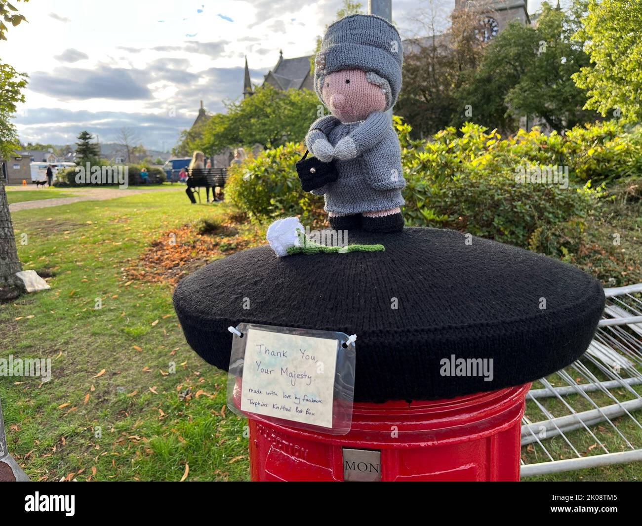 A knitted postbox paying tribute to Queen Elizabeth II in Ballater, the ...