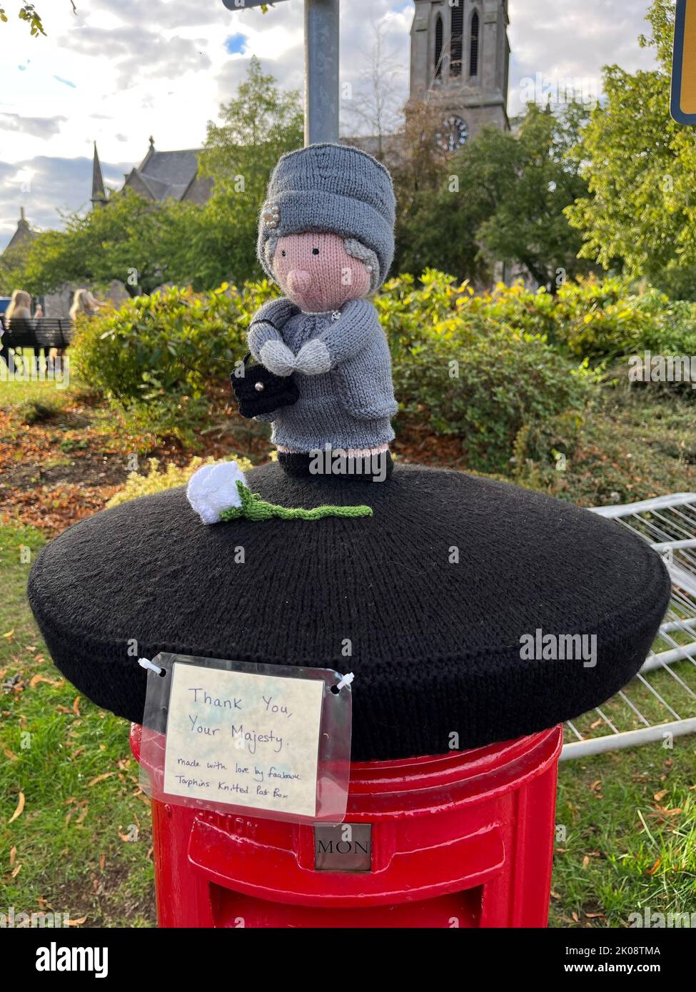 A knitted postbox paying tribute to Queen Elizabeth II in Ballater, the ...