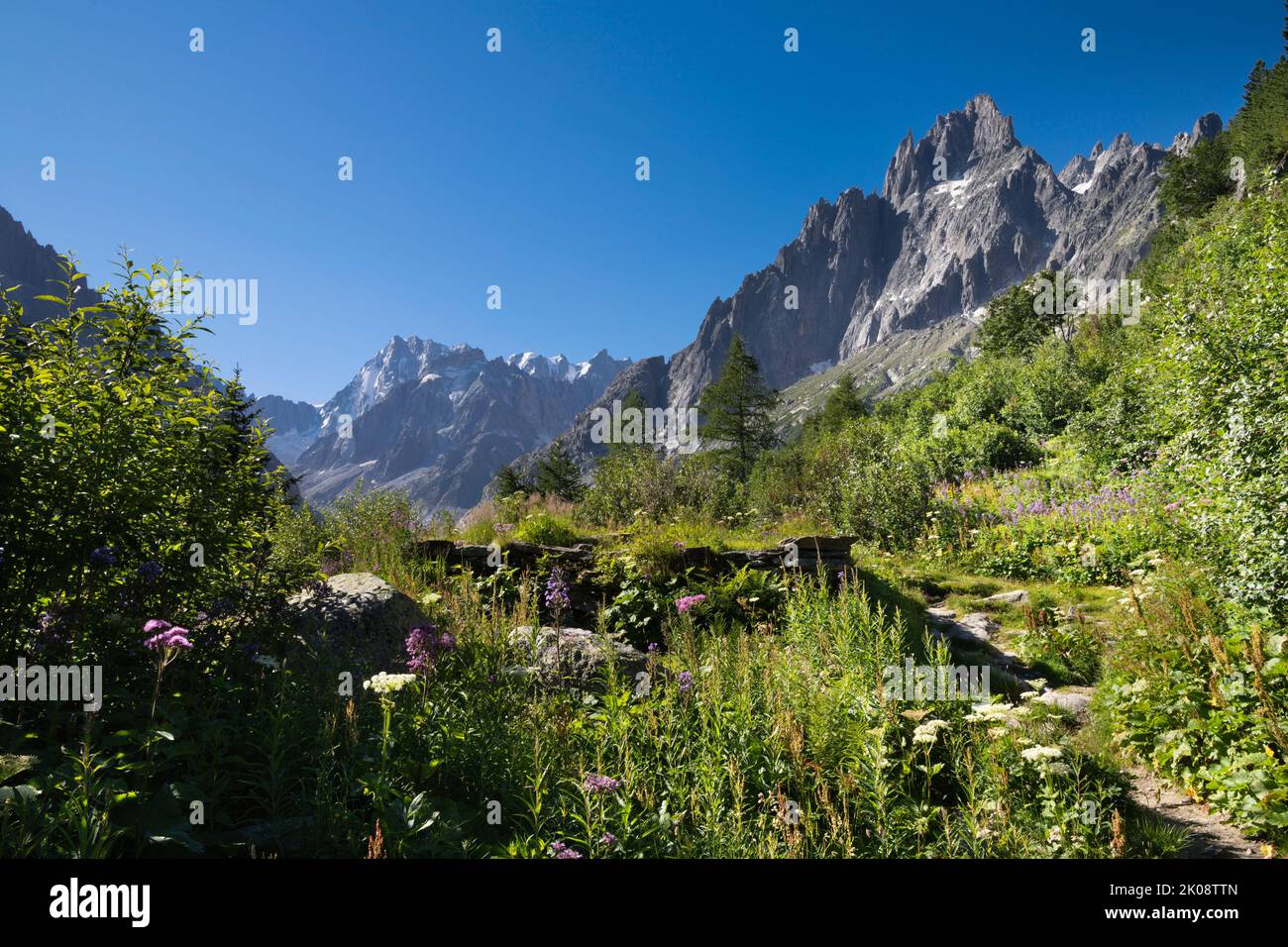 Aiguille du Grépon tower and Grand Jorasses massif from descend to Mer de Glace glacier. Stock Photo