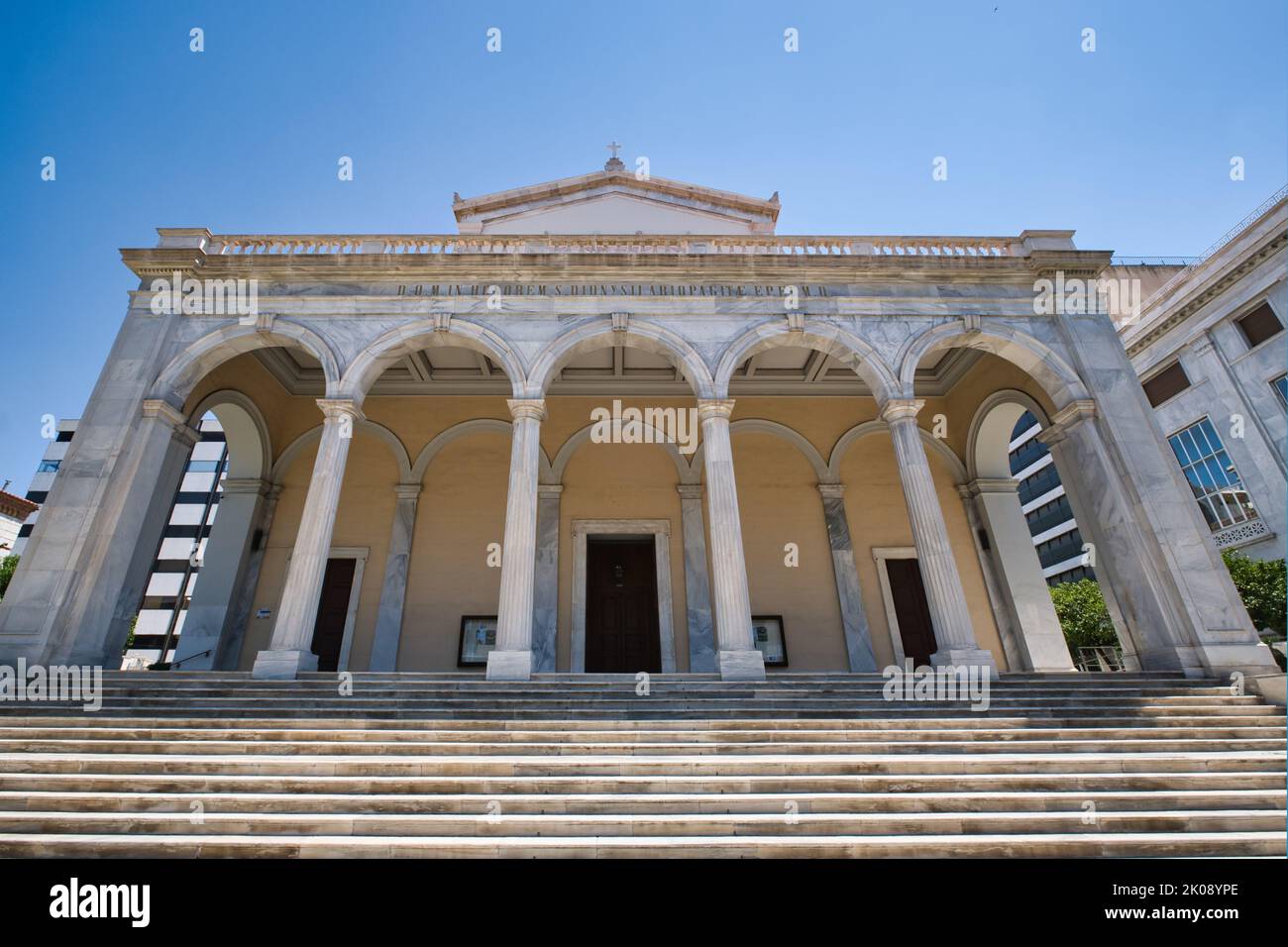View of the facade of the Catholic Cathedral of Saint Denis the Areopagite in Athens Stock Photo