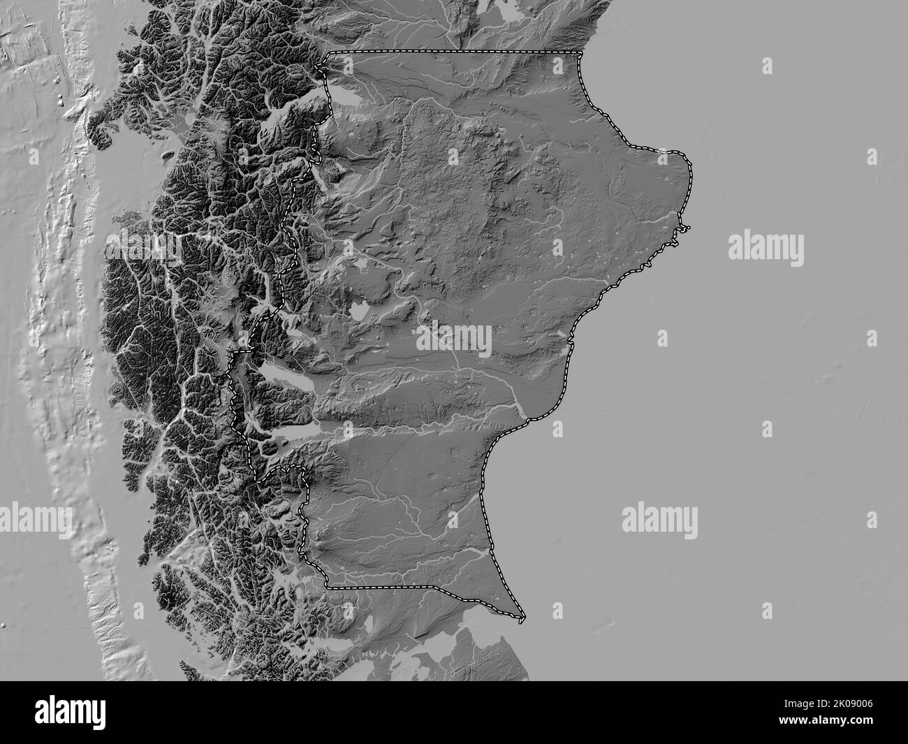 Santa Cruz, province of Argentina. Bilevel elevation map with lakes and rivers Stock Photo