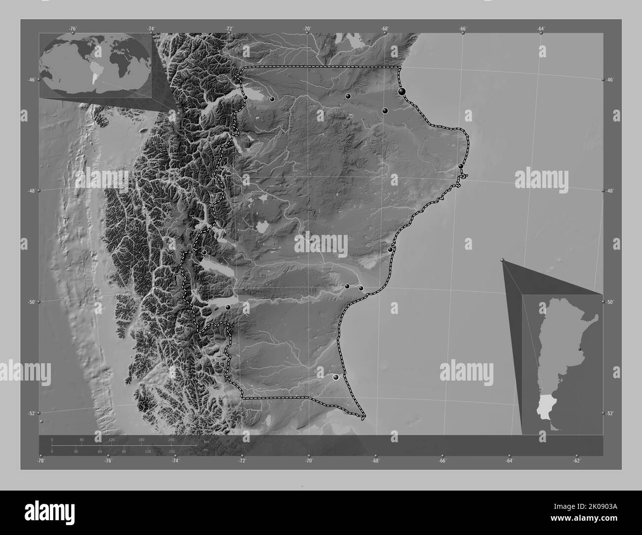 Santa Cruz, province of Argentina. Grayscale elevation map with lakes and rivers. Locations of major cities of the region. Corner auxiliary location m Stock Photo