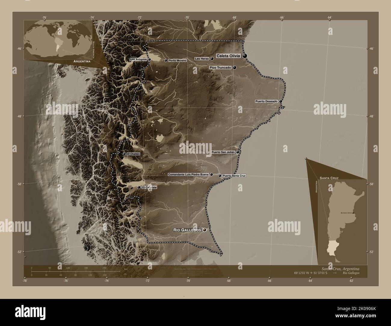Santa Cruz, province of Argentina. Elevation map colored in sepia tones with lakes and rivers. Locations and names of major cities of the region. Corn Stock Photo
