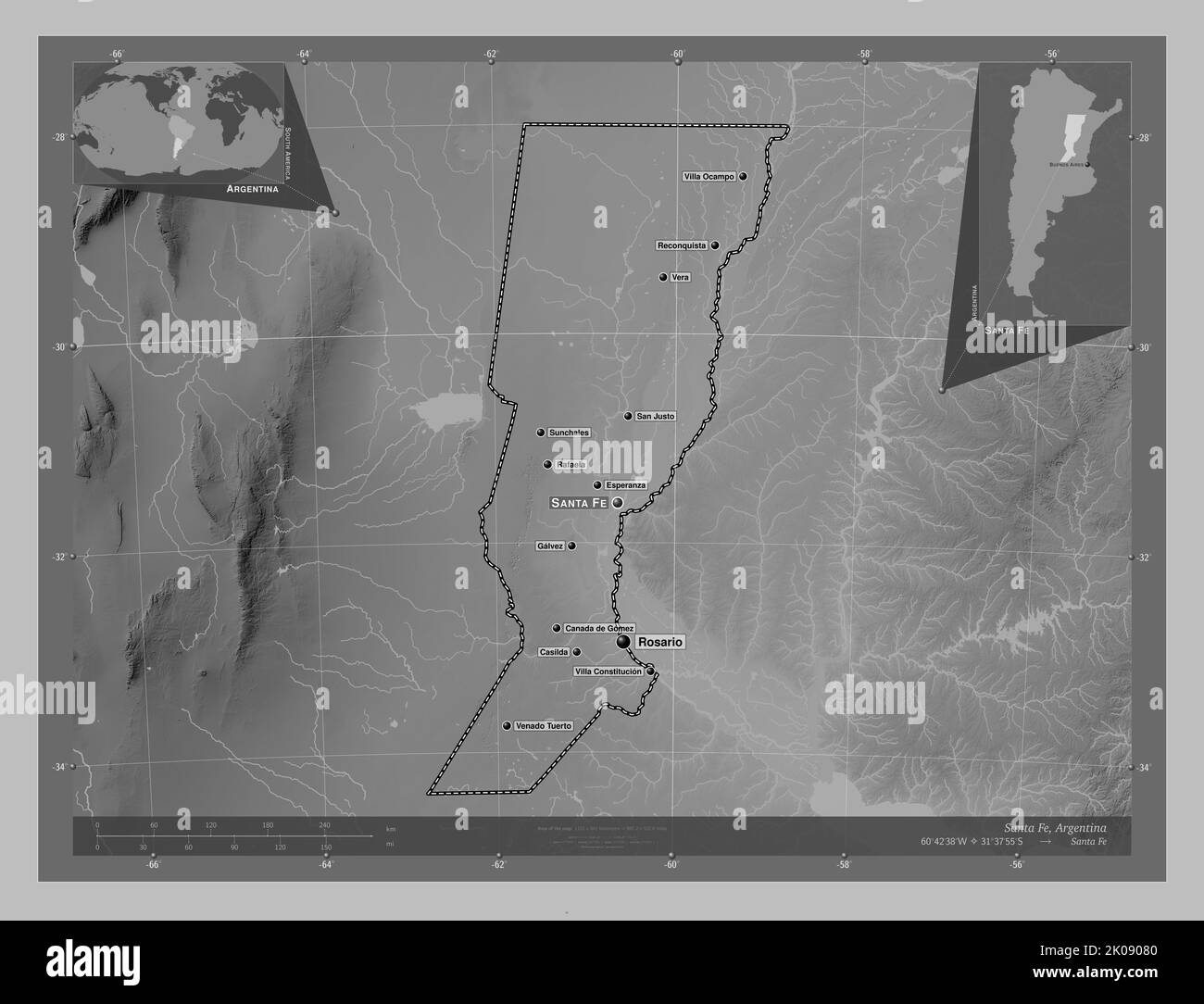 Santa Fe, province of Argentina. Grayscale elevation map with lakes and