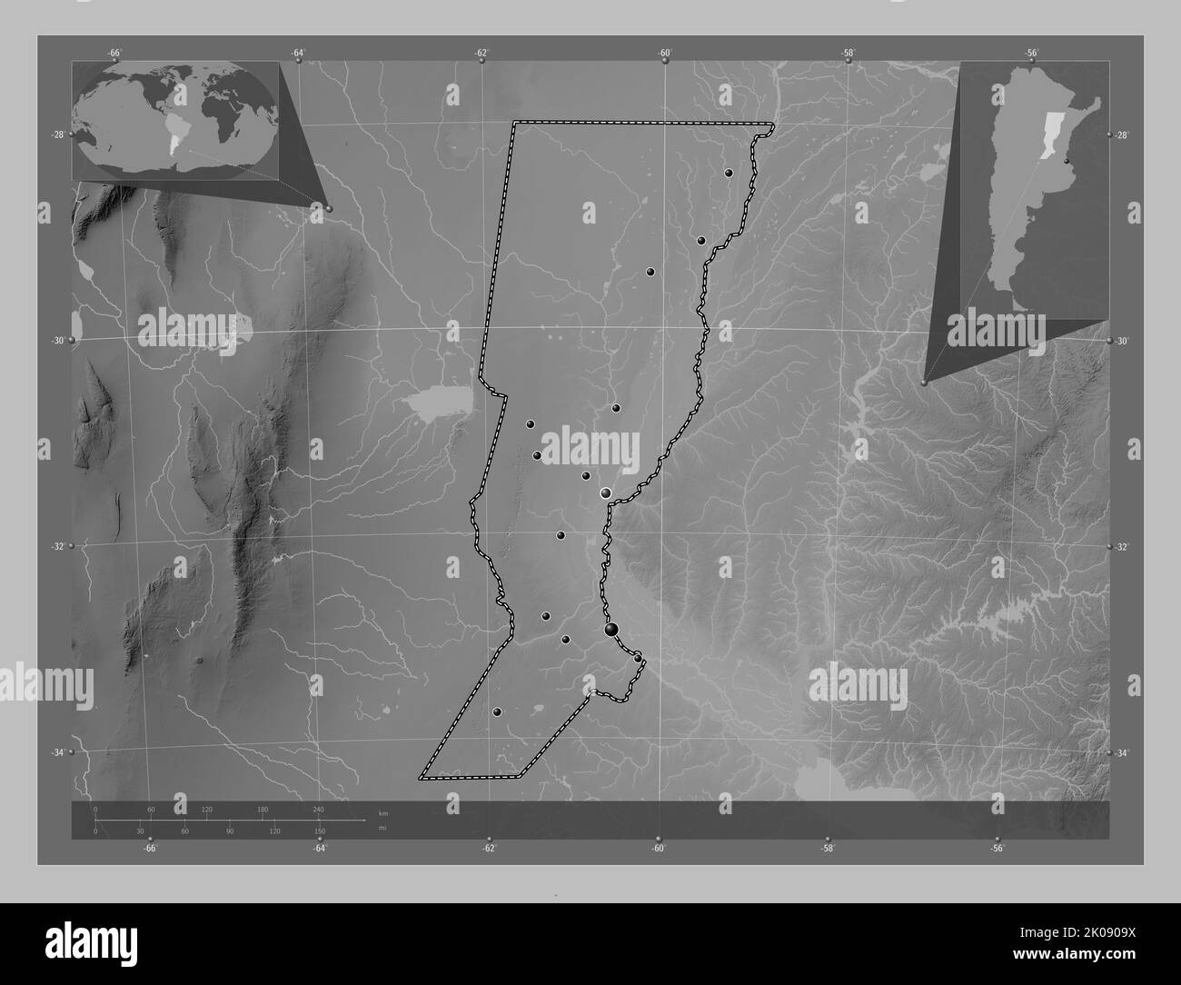 Santa Fe, province of Argentina. Grayscale elevation map with lakes and ...