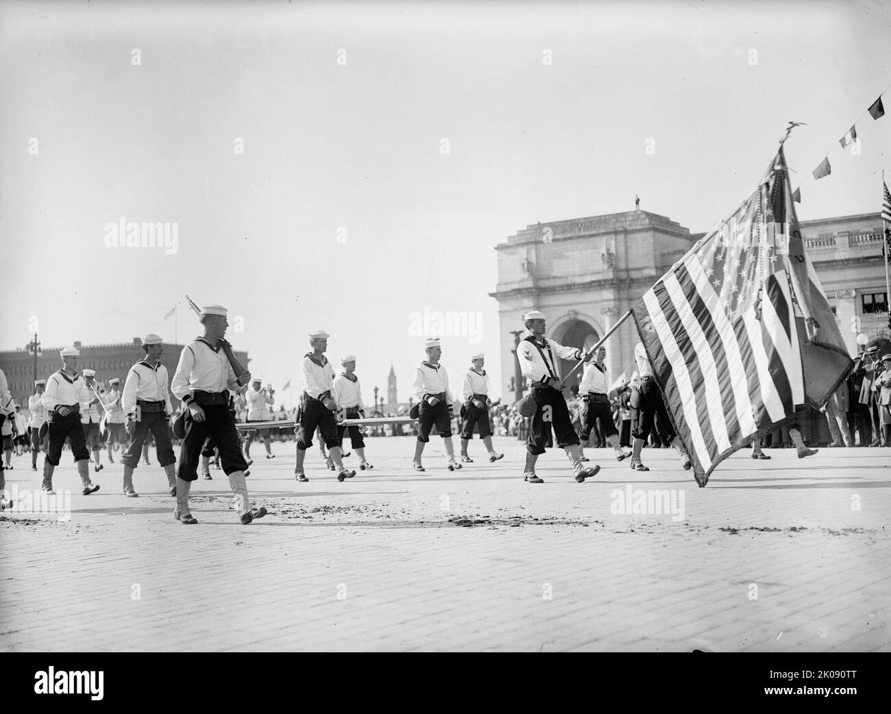 Columbus Memorial. Parade At Unveiling, 1912. [The Columbus Fountain, also known as the Columbus Memorial, was unveiled in Washington, D.C. in 1912. It was designed by Lorado Taft. Seen here are US Navy sailors on parade as part of the celebrations]. Stock Photo