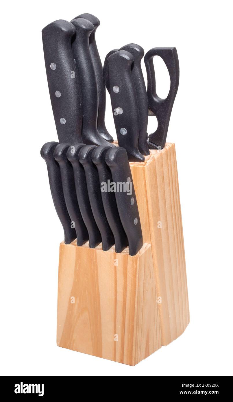 Wooden kitchen knife block on white Stock Photo