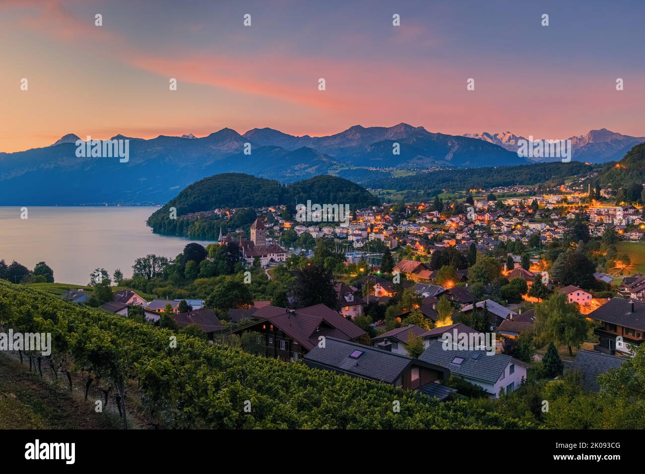 A beautiful summer sunrise in Spiez on Lake Thun, located in the