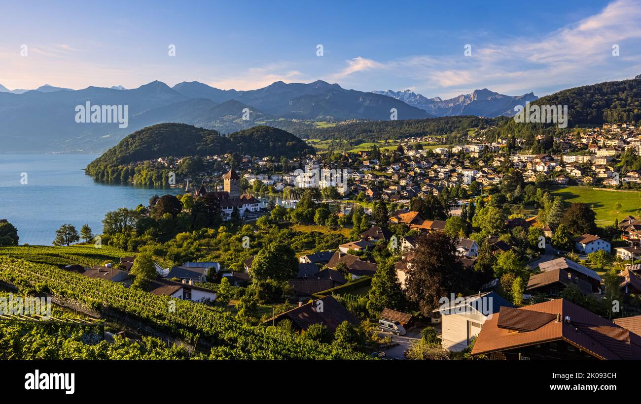 A beautiful summer morning in Spiez on Lake Thun, located in the Bernese Oberland. Spiez is part of the Swiss canton of Bern in central Switzerland. T Stock Photo