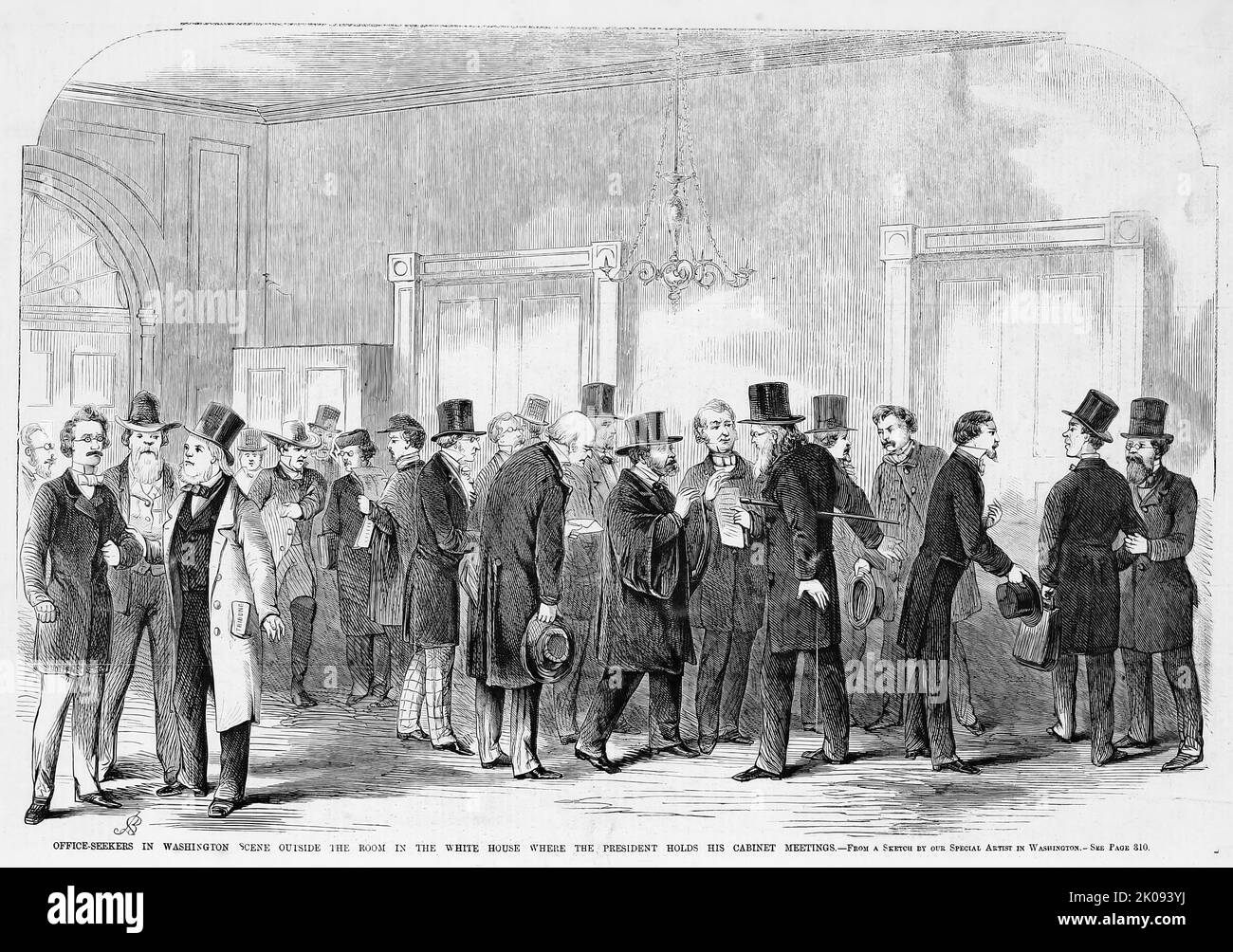 Office seekers in Washington scene outside the room in the White House where President Abraham Lincoln holds his Cabinet meetings (1861). 19th century illustration from Frank Leslie's Illustrated Newspaper Stock Photo