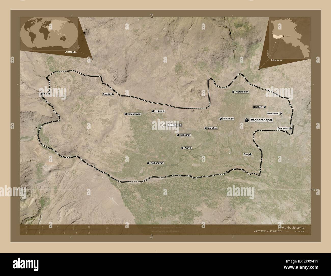 Armavir, province of Armenia. Low resolution satellite map. Locations ...