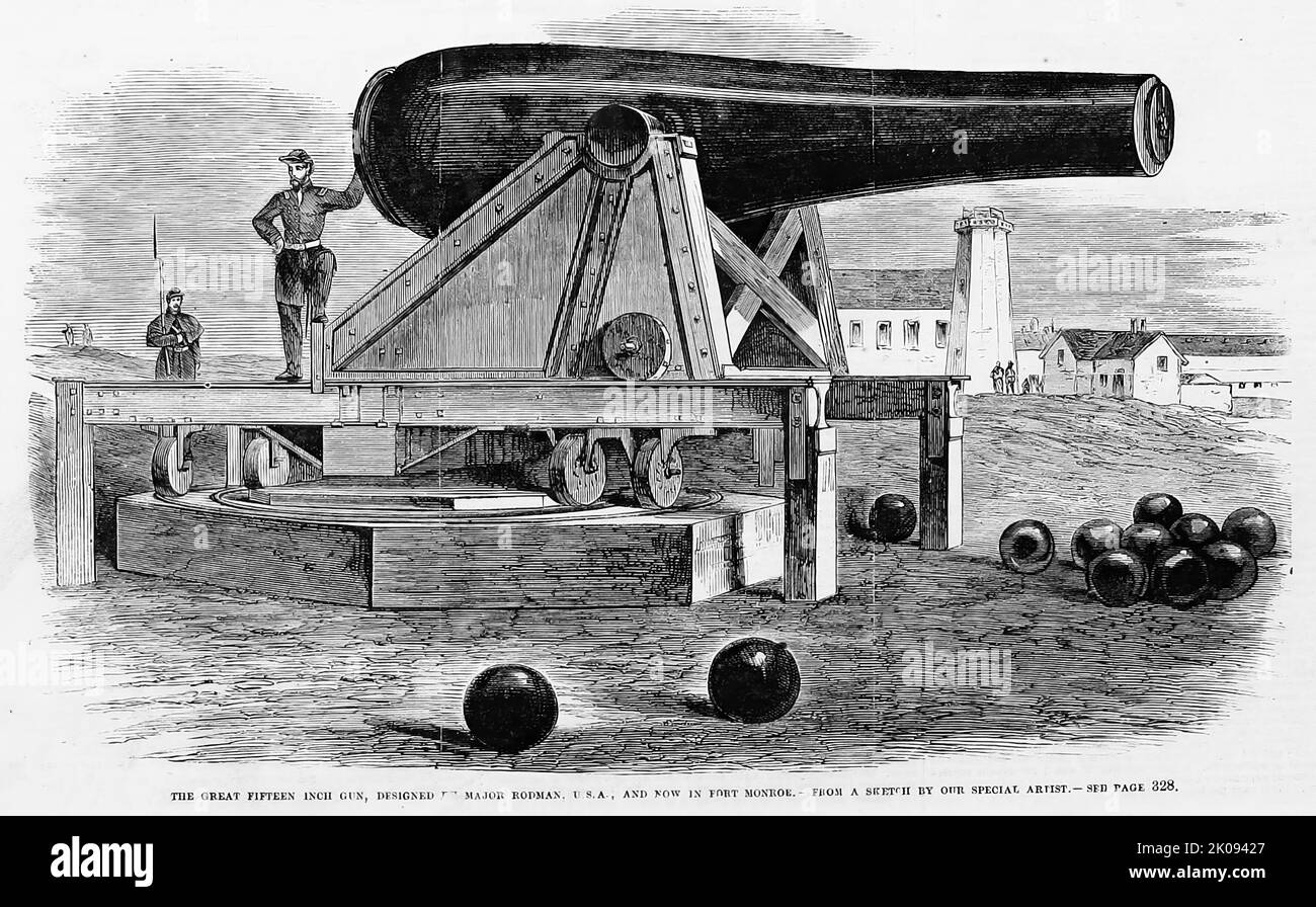 The great fifteen inch gun, designed by Major Thomas Jackson Rodman and now in Fort Monroe, Virginia (1861). 19th century American Civil War illustration from Frank Leslie's Illustrated Newspaper Stock Photo