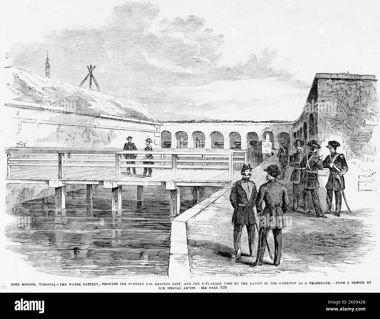 Fort Monroe, Virginia - The water battery, showing the furnace for heating shot, and the esplanade used by the ladies of the garrison as a promenade (1861). 19th century American Civil War illustration from Frank Leslie's Illustrated Newspaper Stock Photo