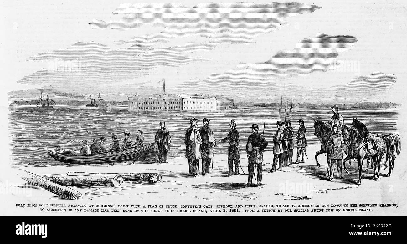 Boat from Fort Sumter arriving at Cummings' Point with a flag of truce, conveying Captain Seymour and Lieutenant Snyder, to ask for permission to run down to the schooner R. H. Shannon, to ascertain if any damage had been done by the firing from Morris Island, April 3rd, 1861. 19th century American Civil War illustration from Frank Leslie's Illustrated Newspaper Stock Photo