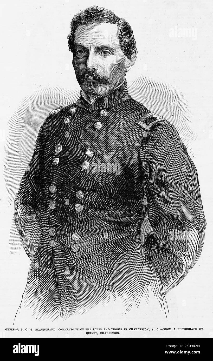 Portrait of General P. G. T. Beauregard, Commandant of the forts and troops in Charleston, South Carolina (1861). 19th century American Civil War illustration from Frank Leslie's Illustrated Newspaper Stock Photo