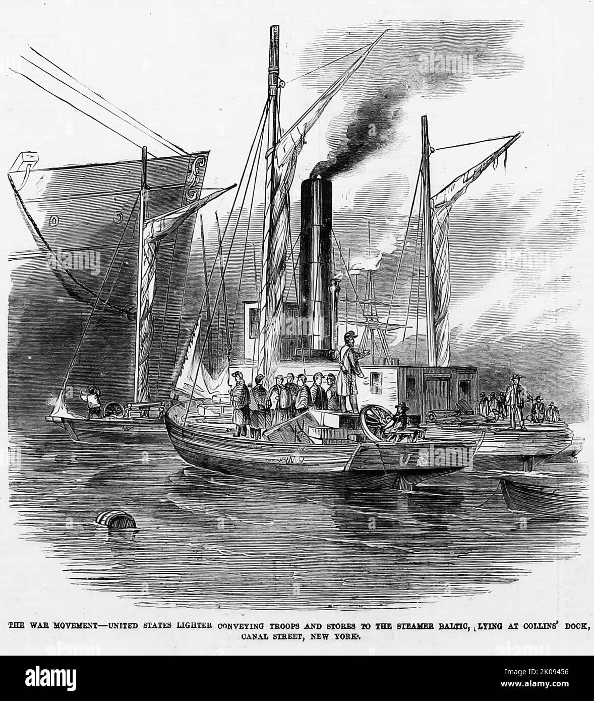The war movement - United States lighter conveying troops and stores to the steamer Baltic, lying at Collins' dock, Canal Street, New York, April 6th, 1861. Departure of steamships Atlantic, Baltic and Illinois, with troops to be employed against the Seceded States. 19th century American Civil War illustration from Frank Leslie's Illustrated Newspaper Stock Photo